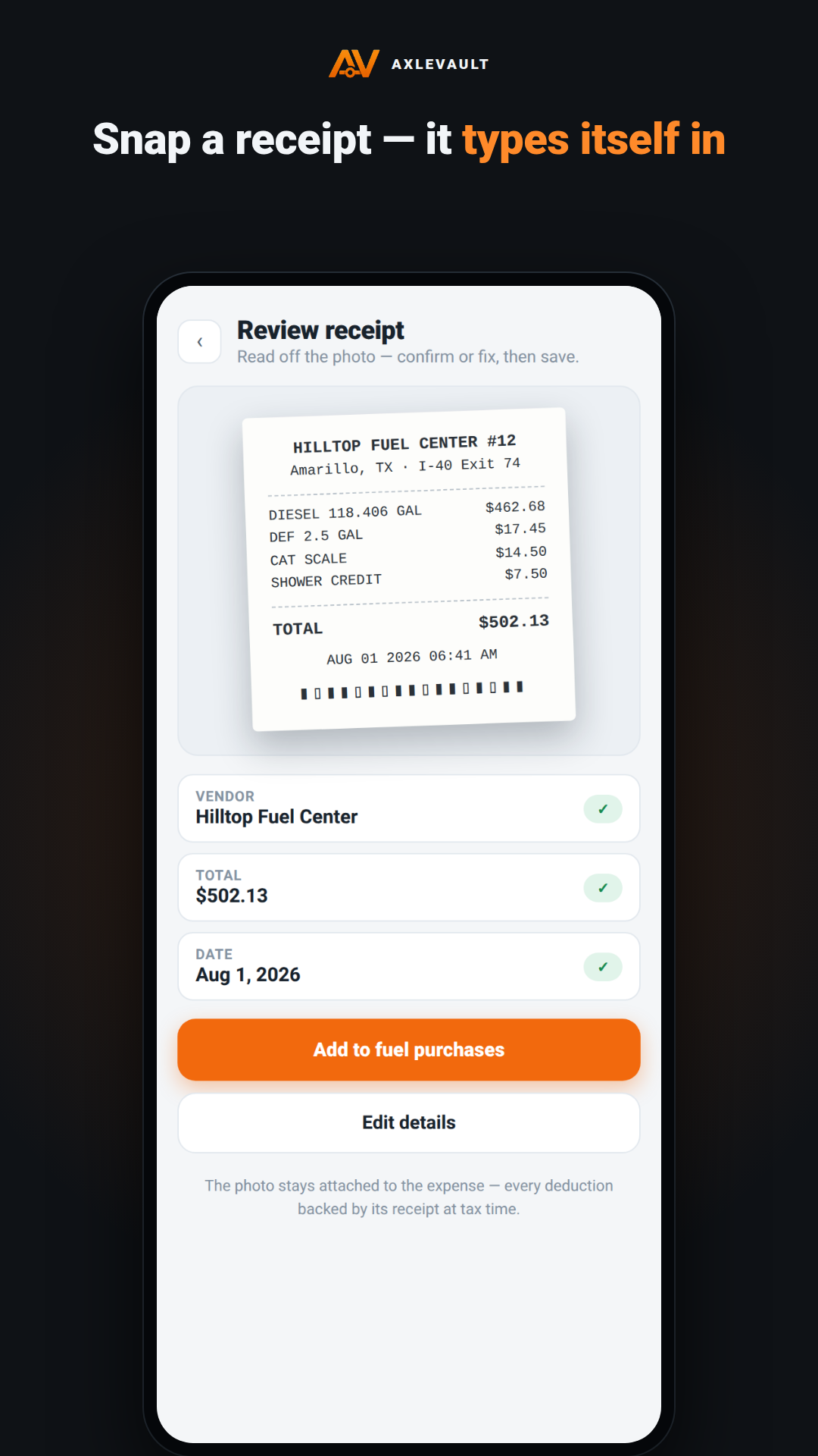 Receipt scanning — fuel receipt photo becomes a complete fuel entry automatically