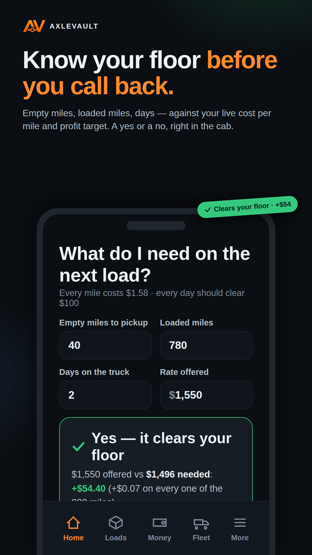 Next-load check — the minimum rate a load must pay, with a yes or no on the offer